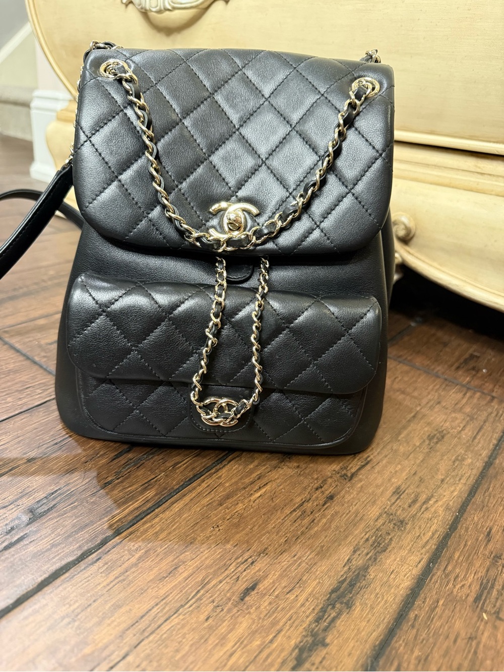 Black Quilted Leather Backpack in with Gold hardware
